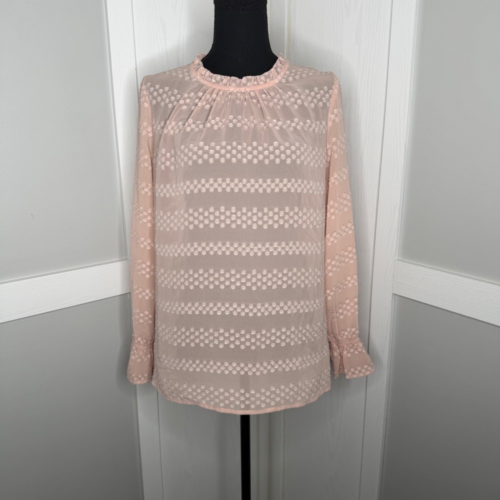 Liz Claiborne Career Blouse Women Medium Pink Sheer Clip Dot Ruffle Mock Neck